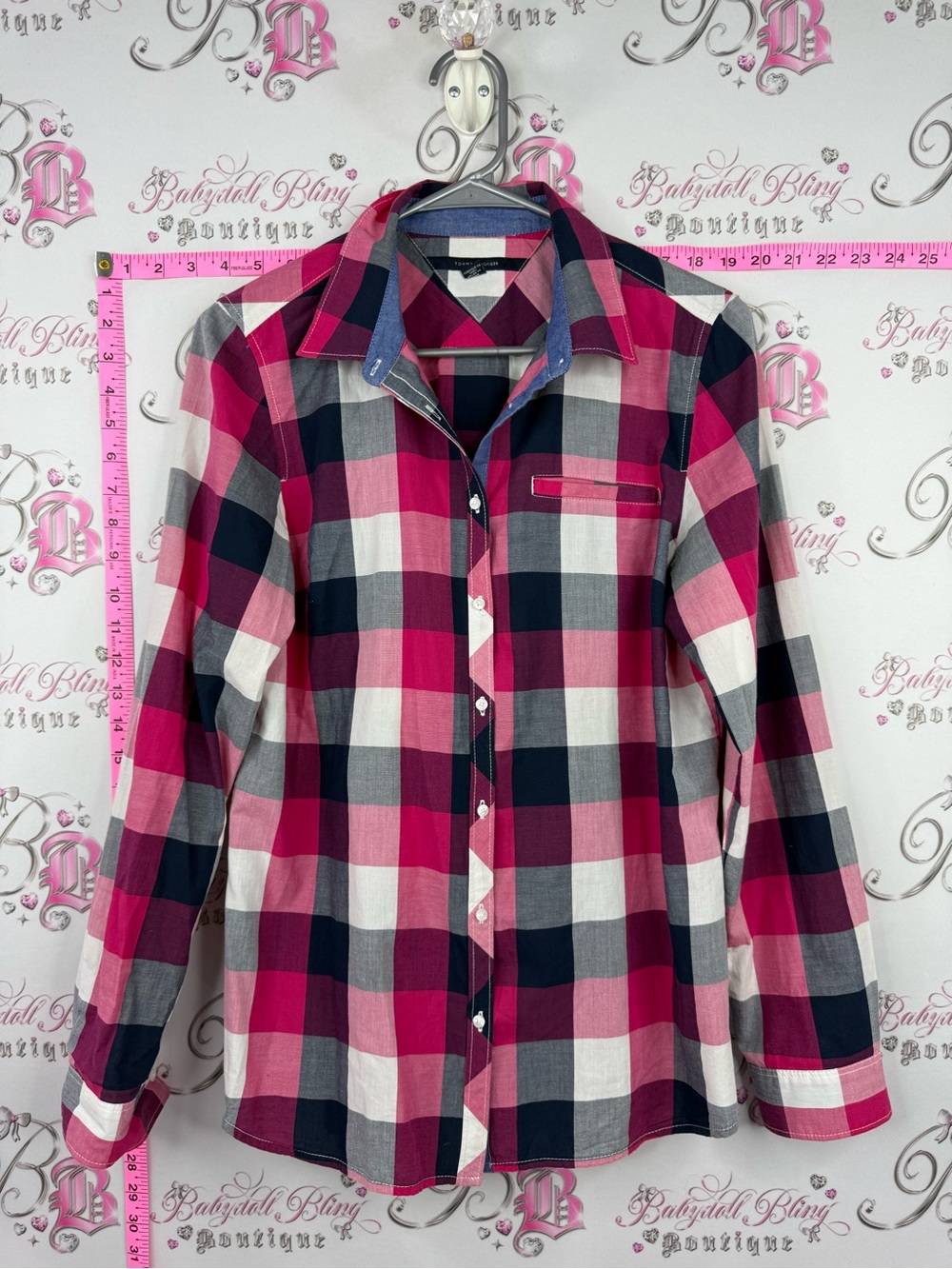 Tommy Hilfiger dress shirt white Pink Navy and White Plaid Button-Down Shirt